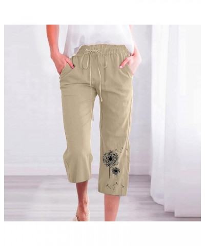 Women Linen Summer Pants Dandelion Pattern Capri Pants Drawstring Cropped Pants High Waist Beach Trouser 2023 J02-beige $6.95...