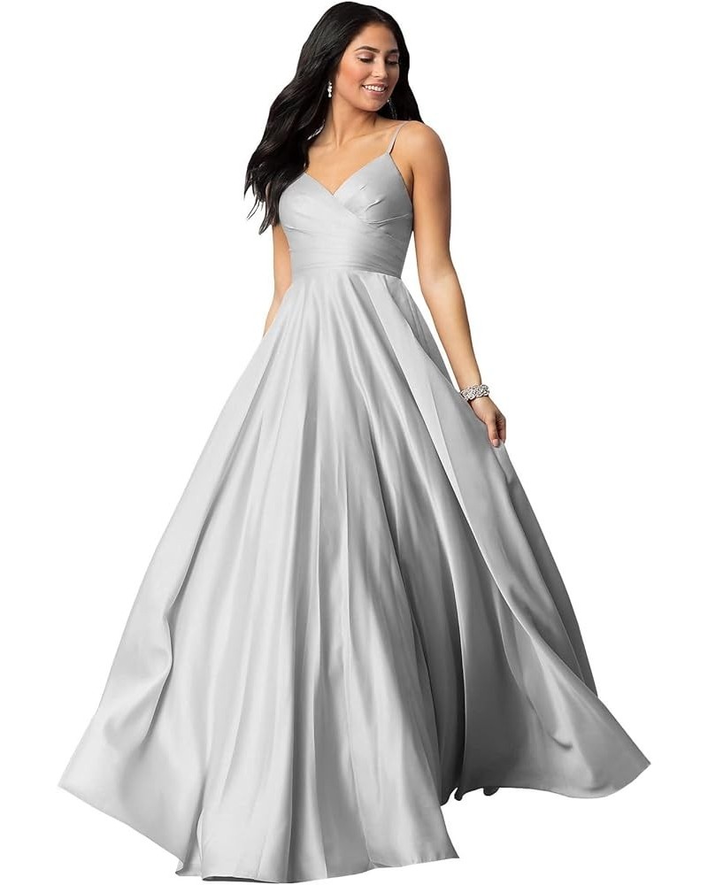 Women's Satin Prom Dresses Long Ball Gown with Pockets Spaghetti Straps V Neck Pleated Formal Party Evening Dress Silver $24....