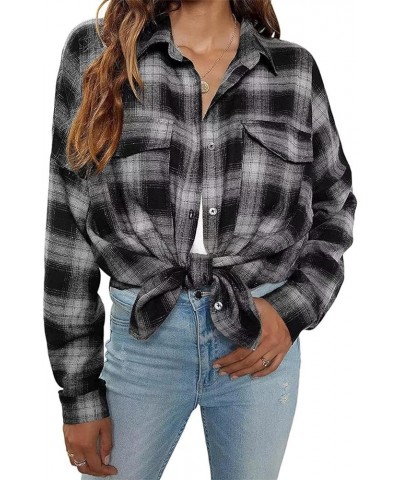 Women's Casual Plaid Button Down Shirts Shacket Long Sleeve Collared Blouses Tops Gray $12.74 Blouses