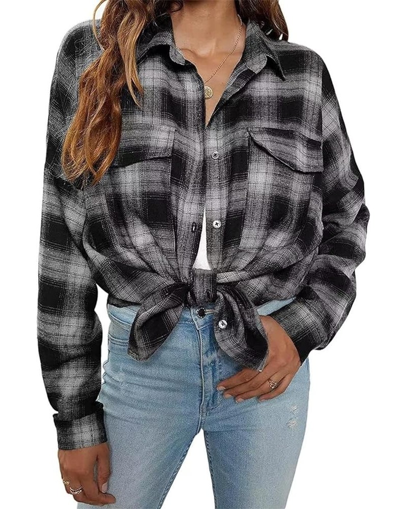 Women's Casual Plaid Button Down Shirts Shacket Long Sleeve Collared Blouses Tops Gray $12.74 Blouses