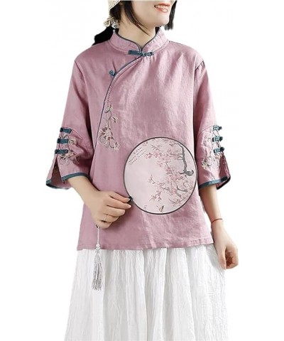 Women Chinese Tang Suit Coat Hanfu Jacket Cotton Linen Embroidered Flower Clothing Oriental Kung Fu Blouse Purple-M Large Pur...