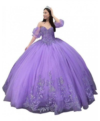 Sparkly Tulle Quinceanera Dresses Ball Gown Puffy Sleeves Lace Sweet 16 Dresses Beaded Floral Prom Dress Y101 Lavender $57.38...