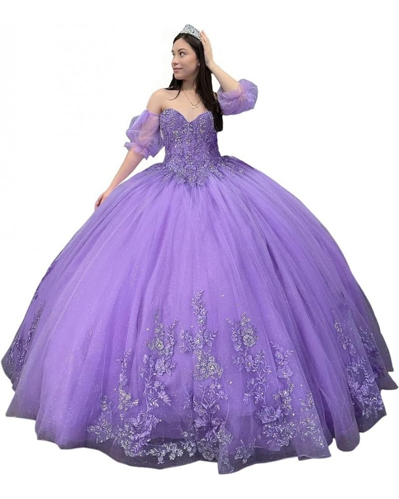 Sparkly Tulle Quinceanera Dresses Ball Gown Puffy Sleeves Lace Sweet 16 Dresses Beaded Floral Prom Dress Y101 Lavender $57.38...