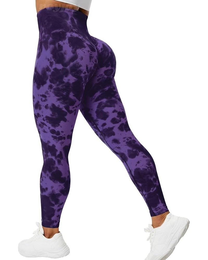 Tie Dye Seamless Leggings for Women High Waist Yoga Pants, Scrunch Butt Lifting Elastic Tights 1 Tie Dye-2 Purple Black $16.4...