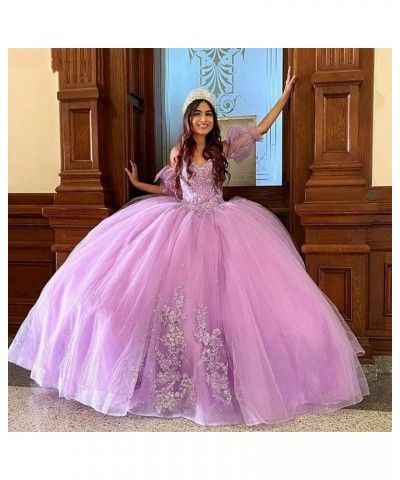 Sparkly Tulle Quinceanera Dresses Ball Gown Puffy Sleeves Lace Sweet 16 Dresses Beaded Floral Prom Dress Y101 Lavender $57.38...