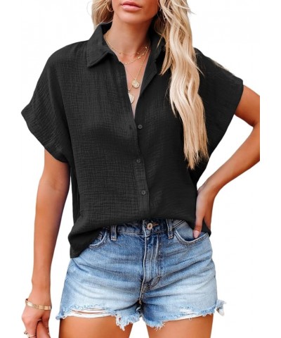 Casual V Neck Button Down Shirts for Women Solid Short Sleeve Blouse Tops 1 Black $13.49 Blouses