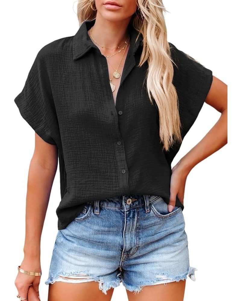 Casual V Neck Button Down Shirts for Women Solid Short Sleeve Blouse Tops 1 Black $13.49 Blouses