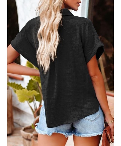 Casual V Neck Button Down Shirts for Women Solid Short Sleeve Blouse Tops 1 Black $13.49 Blouses