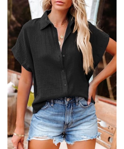 Casual V Neck Button Down Shirts for Women Solid Short Sleeve Blouse Tops 1 Black $13.49 Blouses