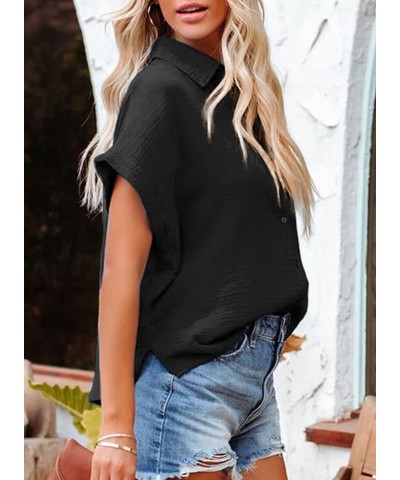 Casual V Neck Button Down Shirts for Women Solid Short Sleeve Blouse Tops 1 Black $13.49 Blouses