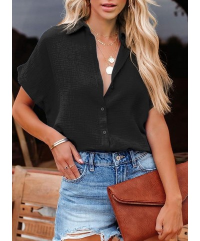 Casual V Neck Button Down Shirts for Women Solid Short Sleeve Blouse Tops 1 Black $13.49 Blouses