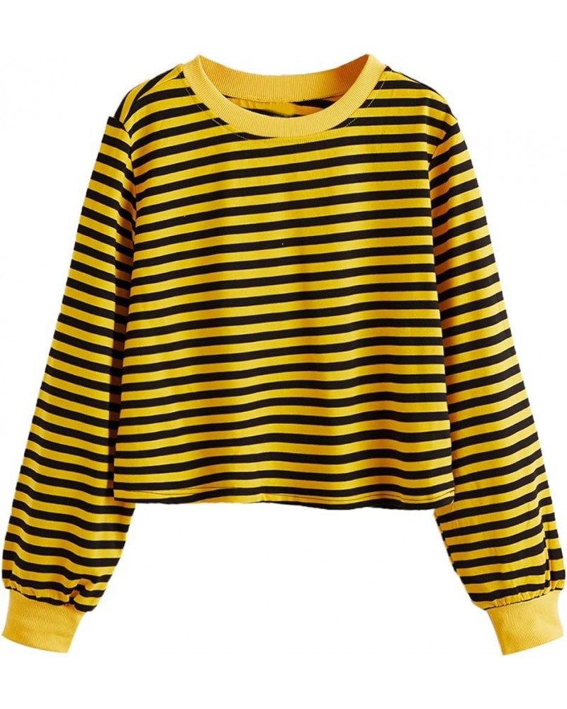 Women's Casual Long Sleeve Striped Cropped T-Shirt Casual Crop Tee Top Black Yellow $17.81 T-Shirts