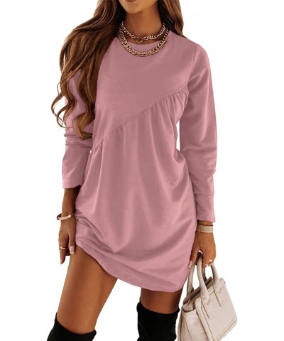 Women's Long Sleeve Mini Tunic Dress Casual Crewneck Loose Flowy Shift Ruched Dresses Pink $24.35 Dresses