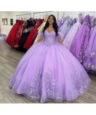 Sparkly Tulle Quinceanera Dresses Ball Gown Puffy Sleeves Lace Sweet 16 Dresses Beaded Floral Prom Dress Y101 Lavender $57.38...