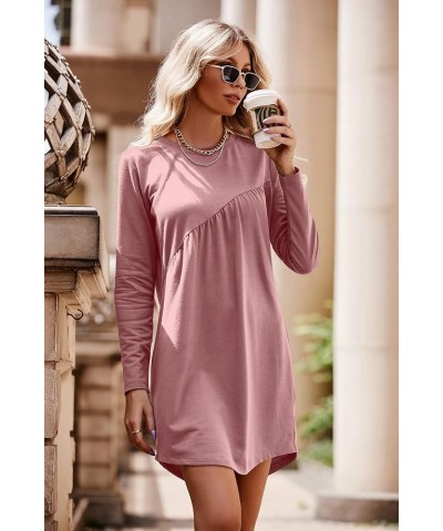 Women's Long Sleeve Mini Tunic Dress Casual Crewneck Loose Flowy Shift Ruched Dresses Pink $24.35 Dresses