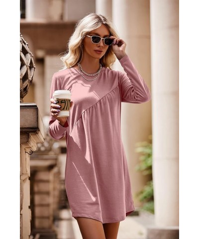 Women's Long Sleeve Mini Tunic Dress Casual Crewneck Loose Flowy Shift Ruched Dresses Pink $24.35 Dresses