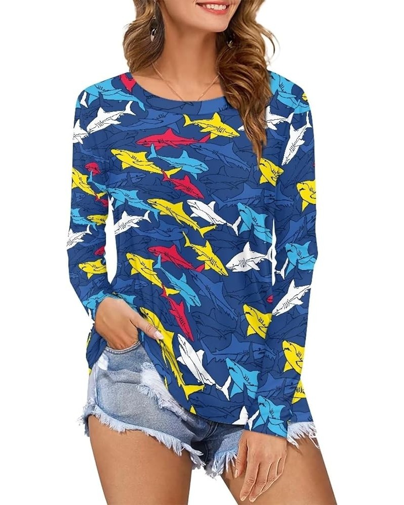 Women's Oversized Long Sleeve T Shirt Athletic Crewneck Slim Tops Quick Dry Loose Sweatshirt Colorful Shark $8.99 Hoodies & S...