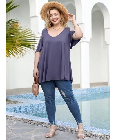 Plus Size Tunic Tops For Women V neck Short Sleeve T-shirt Cold Shoulder Loose Summer Tops Blouse Grayishpurple $14.99 Tops