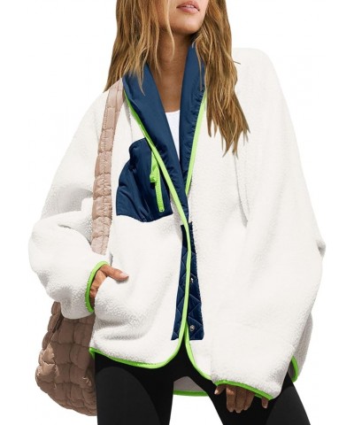 Womens Fuzzy Fleece Jacket Shawl Collar Sherpa Coats Button Down Colorblock Warm Outwear with Pockets White Navy $21.42 Jackets