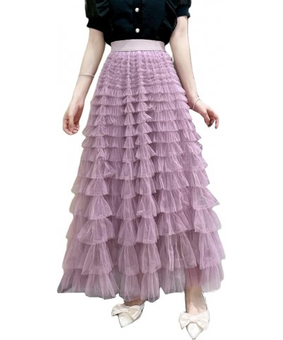 Women's Tulle Skirt Pleated Tutu Skirts Elastic High Waist Elegant Lace Floral Printed Mesh Lady A Line Midi Skirt Cake-purpl...