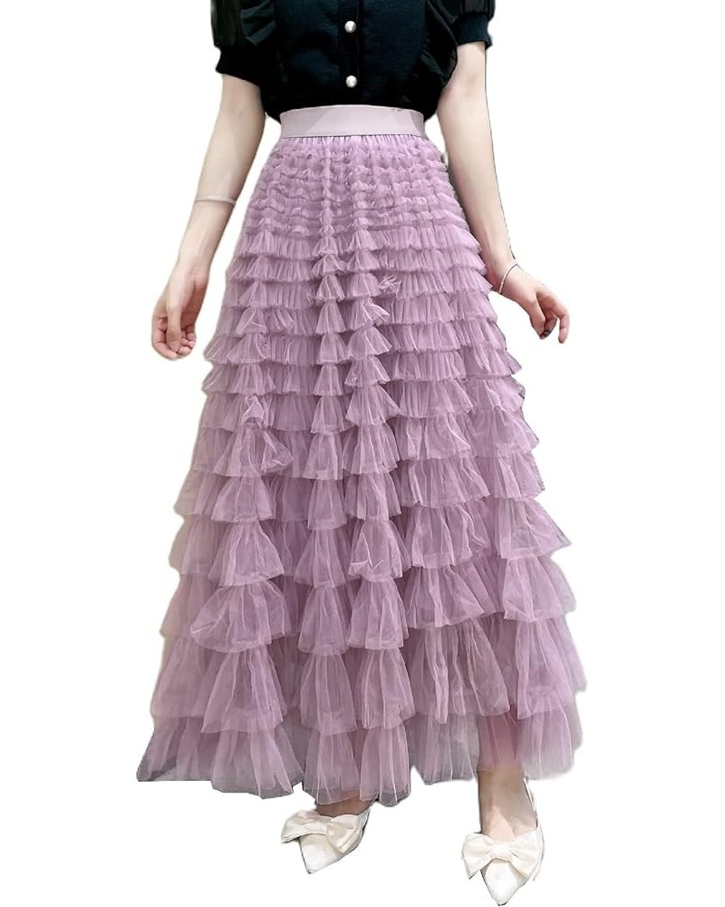 Women's Tulle Skirt Pleated Tutu Skirts Elastic High Waist Elegant Lace Floral Printed Mesh Lady A Line Midi Skirt Cake-purpl...