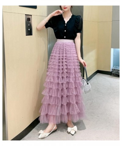 Women's Tulle Skirt Pleated Tutu Skirts Elastic High Waist Elegant Lace Floral Printed Mesh Lady A Line Midi Skirt Cake-purpl...