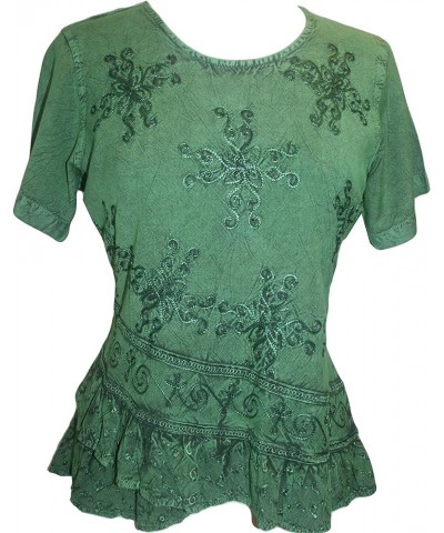 Womens Medieval Vintage Plus Size Summer Short Sleeve Round Neck Embroidered Top Blouse E Green $21.39 Blouses