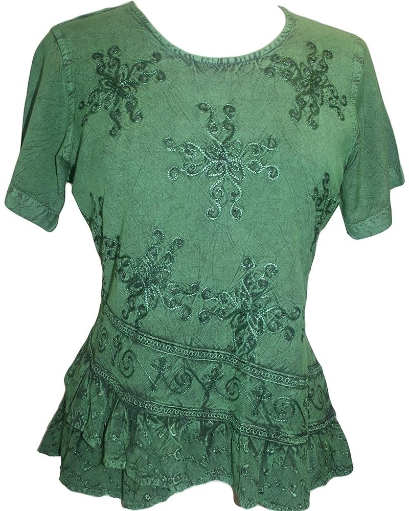 Womens Medieval Vintage Plus Size Summer Short Sleeve Round Neck Embroidered Top Blouse E Green $21.39 Blouses