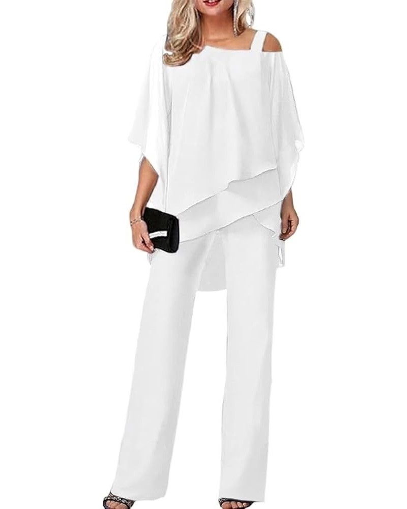 Women 2 Pieces Elegant Chiffon Pantsuits Half Sleeve Mother of The Bride Pant Suits Wedding Guest Sets 02white $24.74 Suits