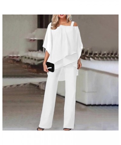 Women 2 Pieces Elegant Chiffon Pantsuits Half Sleeve Mother of The Bride Pant Suits Wedding Guest Sets 02white $24.74 Suits