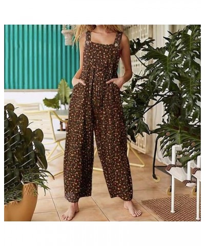 Linen Overalls for Women Baggy Loose Plaid Sleeveless Fashion Causal Jumpsuit Romper with Pockets 01-coffee $12.31 Overalls