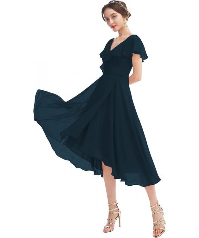 Ruffle Short Bridesmaid Dresses with Pockets V Neck Chiffon Formal Party Gowns SYYS058 Navy $33.05 Dresses