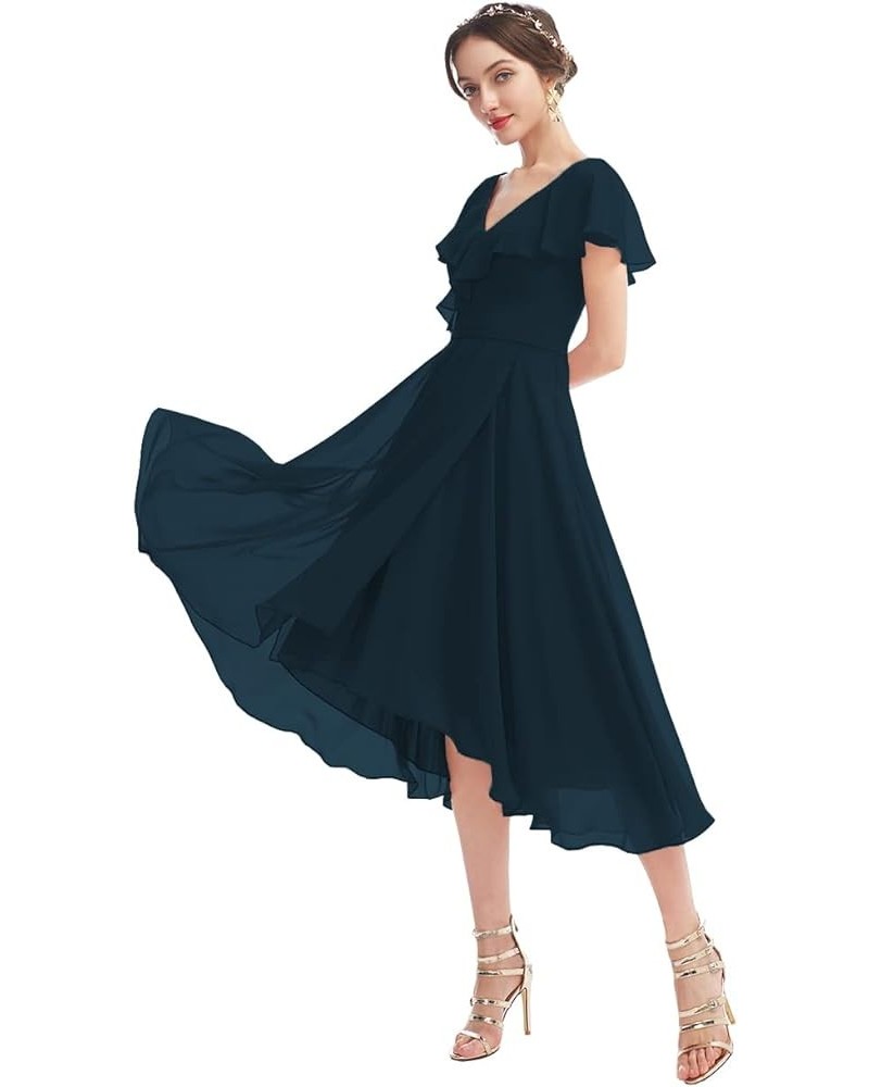 Ruffle Short Bridesmaid Dresses with Pockets V Neck Chiffon Formal Party Gowns SYYS058 Navy $33.05 Dresses