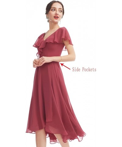 Ruffle Short Bridesmaid Dresses with Pockets V Neck Chiffon Formal Party Gowns SYYS058 Navy $33.05 Dresses