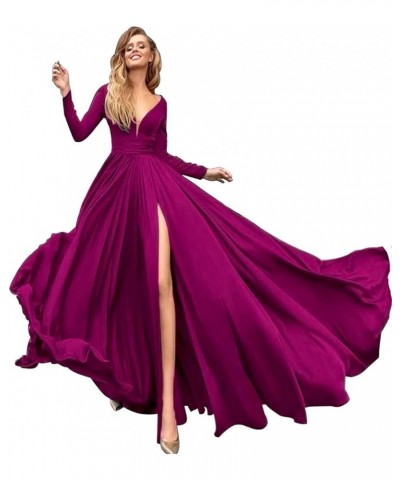 Women's Long Sleeve Prom Dresses with Slit A-Line Satin Deep V Neck Backless Formal Bridesmaid Gowns YXXY487 Dark Fuchsia $41...