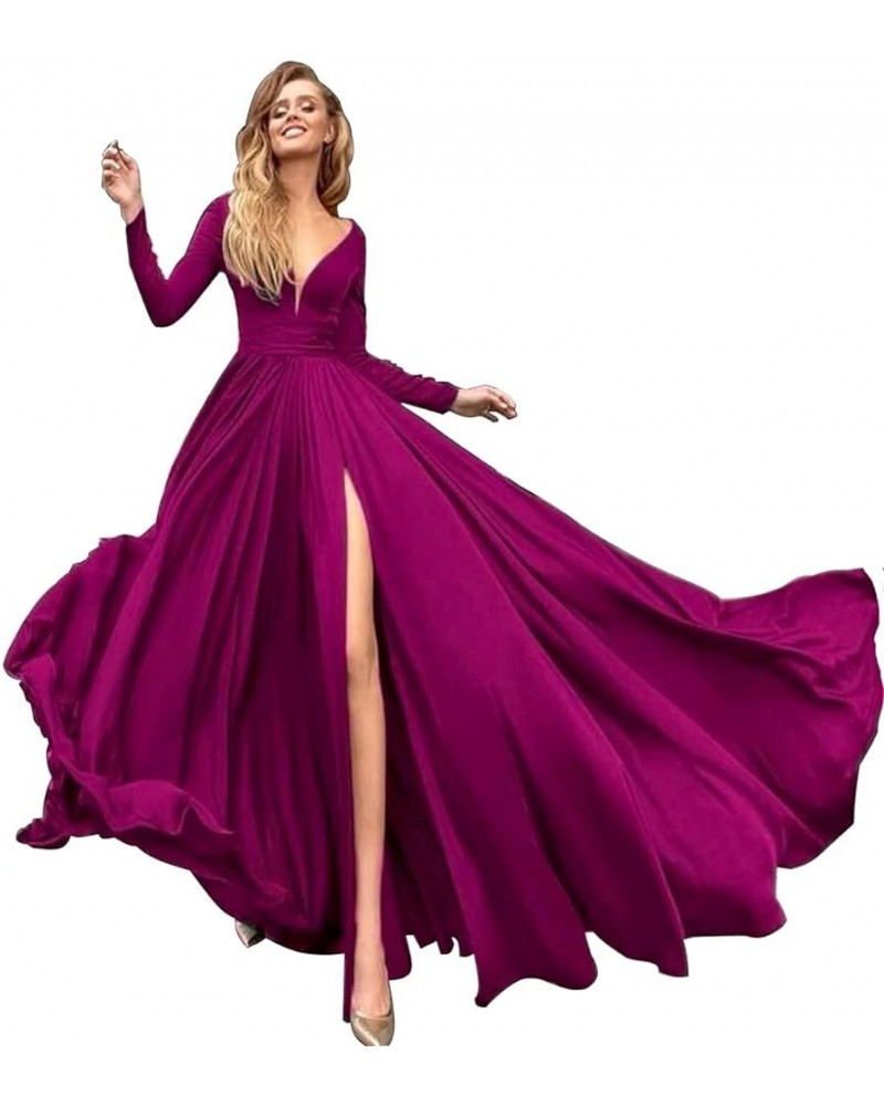 Women's Long Sleeve Prom Dresses with Slit A-Line Satin Deep V Neck Backless Formal Bridesmaid Gowns YXXY487 Dark Fuchsia $41...