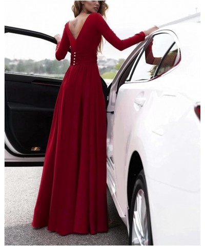 Women's Long Sleeve Prom Dresses with Slit A-Line Satin Deep V Neck Backless Formal Bridesmaid Gowns YXXY487 Dark Fuchsia $41...