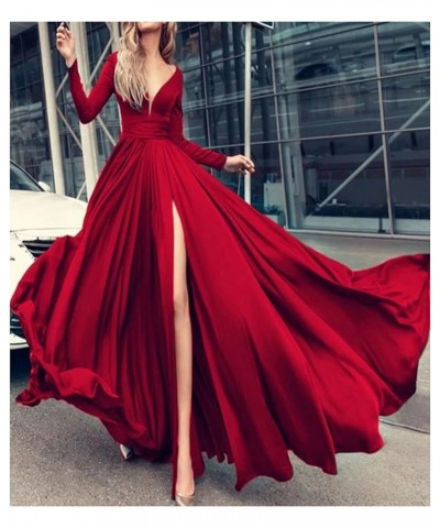 Women's Long Sleeve Prom Dresses with Slit A-Line Satin Deep V Neck Backless Formal Bridesmaid Gowns YXXY487 Dark Fuchsia $41...