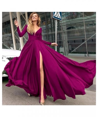 Women's Long Sleeve Prom Dresses with Slit A-Line Satin Deep V Neck Backless Formal Bridesmaid Gowns YXXY487 Dark Fuchsia $41...