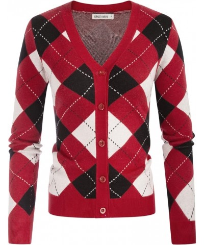 Womens Argyle Preppy Cardigan Sweater Casual V Neck Button Down Knit Cardigan Color Block Shrugs S-2XL Plaid Deep Red $25.64 ...