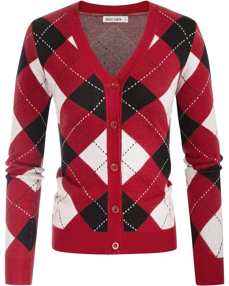 Womens Argyle Preppy Cardigan Sweater Casual V Neck Button Down Knit Cardigan Color Block Shrugs S-2XL Plaid Deep Red $25.64 ...