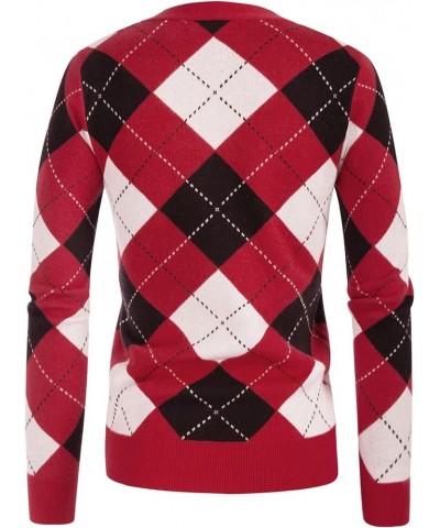 Womens Argyle Preppy Cardigan Sweater Casual V Neck Button Down Knit Cardigan Color Block Shrugs S-2XL Plaid Deep Red $25.64 ...