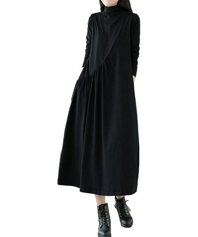 Womens Cotton Long Sleeve Dresses Loose Midi Dress with Pockets Black $15.50 Dresses