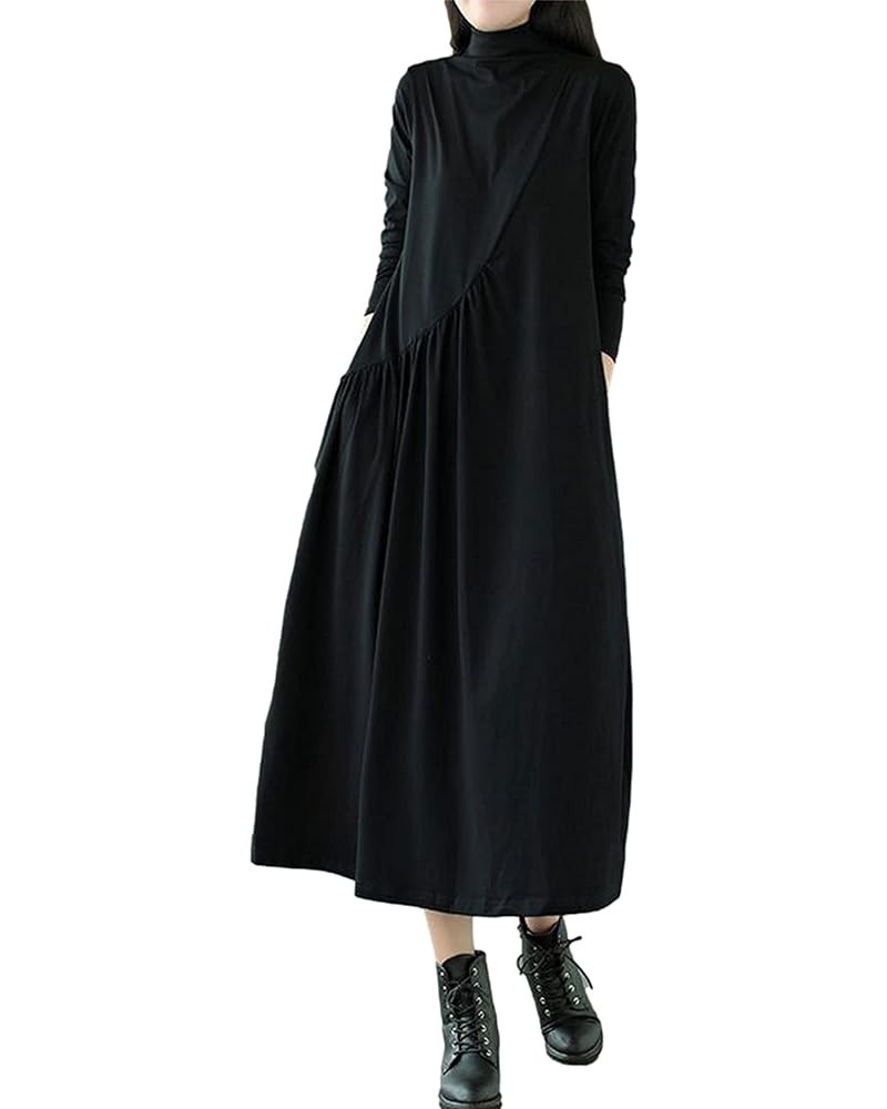 Womens Cotton Long Sleeve Dresses Loose Midi Dress with Pockets Black $15.50 Dresses