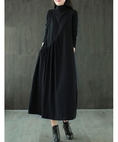 Womens Cotton Long Sleeve Dresses Loose Midi Dress with Pockets Black $15.50 Dresses