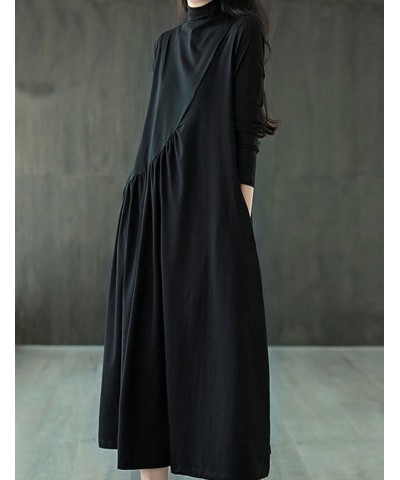 Womens Cotton Long Sleeve Dresses Loose Midi Dress with Pockets Black $15.50 Dresses