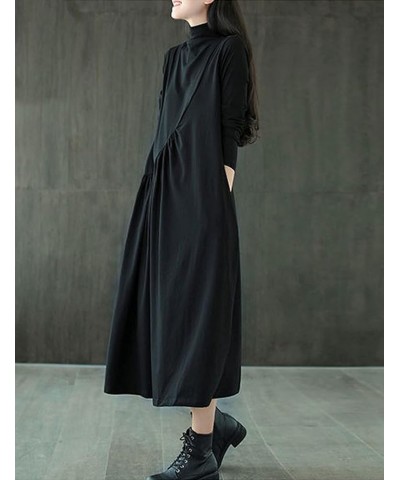 Womens Cotton Long Sleeve Dresses Loose Midi Dress with Pockets Black $15.50 Dresses