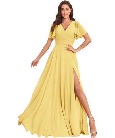 Long Chiffon Bridesmaid Dresses for Wedding Short Sleeve V Neck Formal Eevning Dresses Yellow $30.24 Dresses