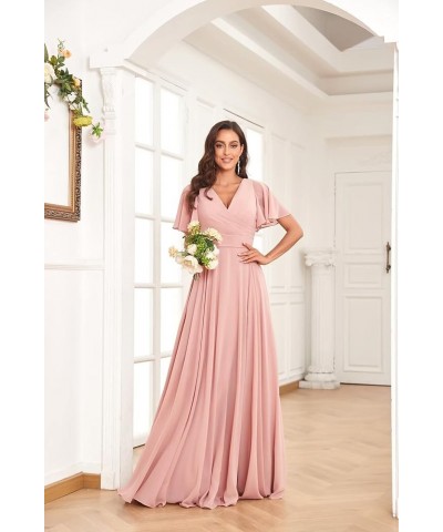 Long Chiffon Bridesmaid Dresses for Wedding Short Sleeve V Neck Formal Eevning Dresses Yellow $30.24 Dresses