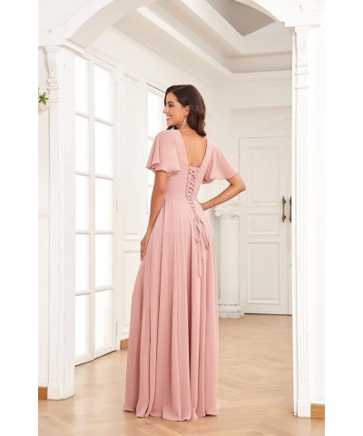 Long Chiffon Bridesmaid Dresses for Wedding Short Sleeve V Neck Formal Eevning Dresses Yellow $30.24 Dresses